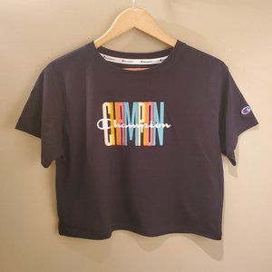NWOT Champion Black Cropped Top Logo Tee Rainbow Colorful Graphic T-Shirt - S
